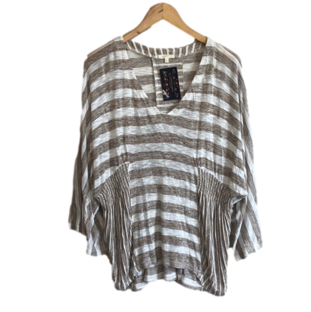 MYSTREE Boutique Tan‎ and White Striped Long Sleeve Boho Top Large Beach